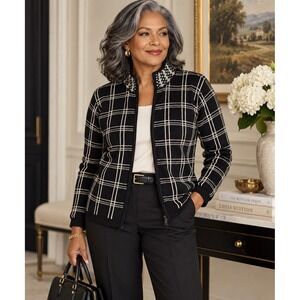 Talbots Full Zip Sweater Cardigan Black Cream Plaid 100% Cotton Women's L